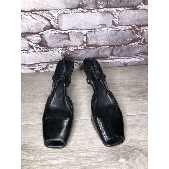 Prada Black Patent Leather Peep Toe Wedge Strap Sandals Women’s Sz 36EU/5.5M US - Picture 2 of 16
